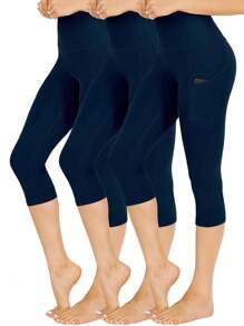 3 Packs Capri Leggings For Women With Pockets-High Waisted Tummy Control Workout Gym Yoga Pants - Navy Blue - View 1