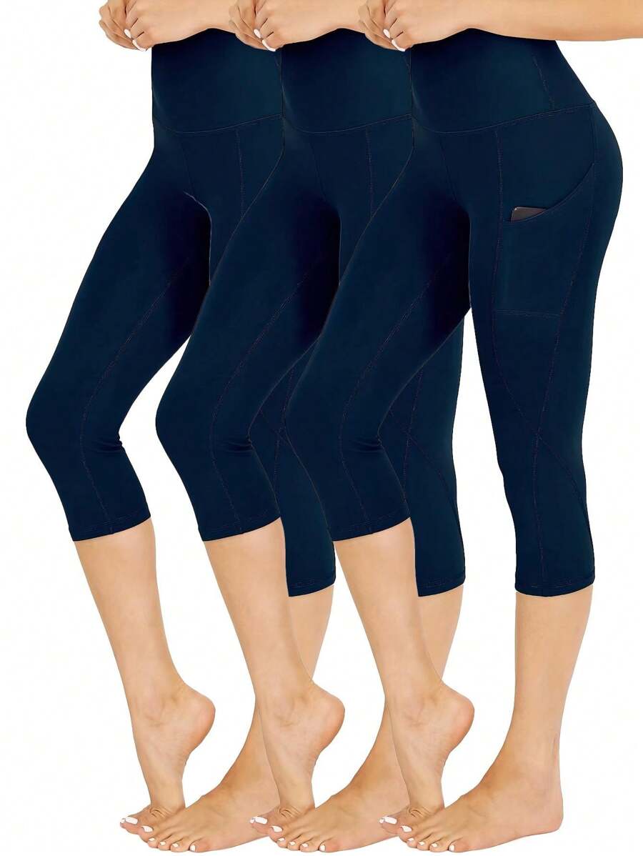 3 Packs Capri Leggings For Women With Pockets-High Waisted Tummy Control Workout Gym Yoga Pants - Navy Blue - View 1