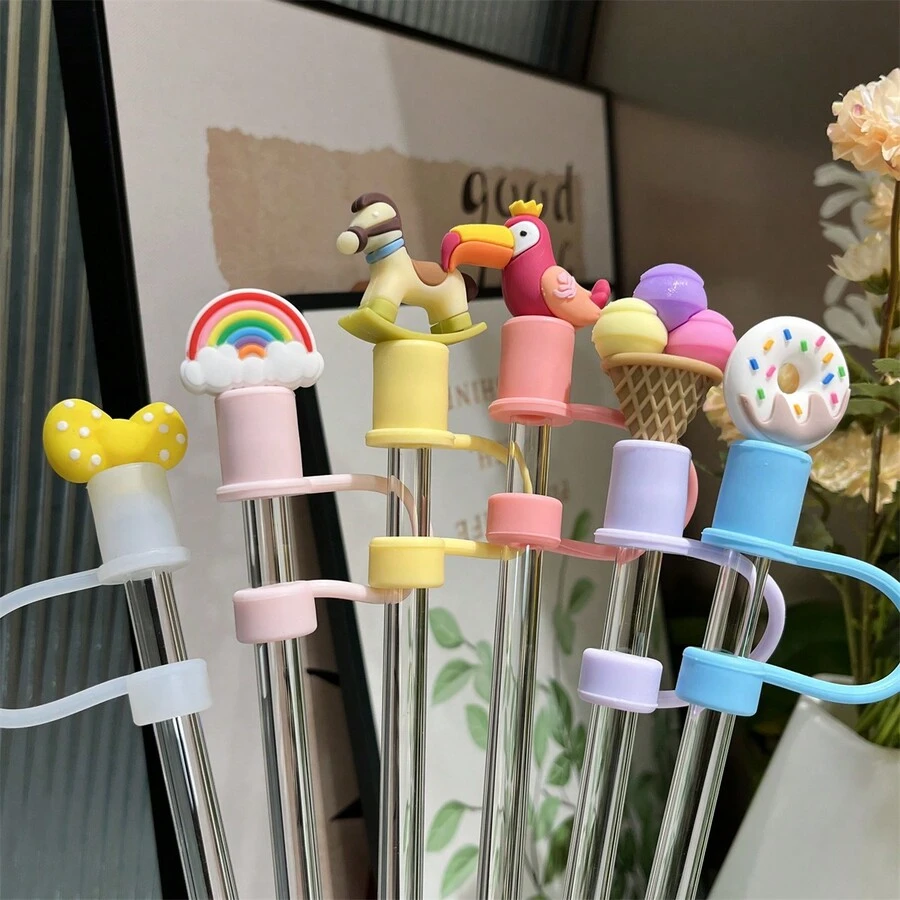 6入組3D可愛動物彩虹防塵矽膠吸管套，適用於10毫米/0.4英寸吸管，40oz/30oz/20oz杯子（由矽膠製成，不是PVC） - 彩色 - 查看 1