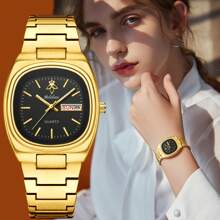 YaLaLuSi 1pc Classic Quartz Ladies Watch In Gold Color, Fashion & Professional, Water Resistant With Weekday Calendar Function, Comes With A Disassembly Tool
