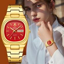 YaLaLuSi 1pc Classic Quartz Ladies Watch In Gold Color, Fashion & Professional, Water Resistant With Weekday Calendar Function, Comes With A Disassembly Tool