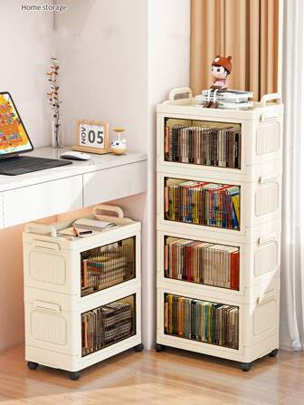 2/3/4/5 层滚动多功能推车 - 单门折叠式储物箱柜 - 耐用重型塑料，节省空间的厨房储物架，用于存放零食和饮料、书架、衣物收纳架，配有光滑的轮子，适用于厨房、客厅、书房、卧室户外装饰