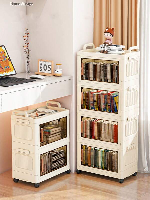 2/3/4/5 Tier Rolling Multifunctional Cart - Single-Door Foldable Storage Box Cabinet - Durable Heavy Plastic, Space-Saving Kitchen Storage Rack For Snacks And Beverages, Bookshelf, Clothing Organizer, Equipped With Smooth Wheels, Suitable For Kitchen, Living Room, Study Room, Bedroom Outdoor Decor