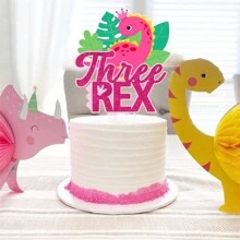 1pc Three Rex Cake Topper Pink, Dinosaur Cake Topper For Dinosaur 3 Years Old Birthday Party Decorations