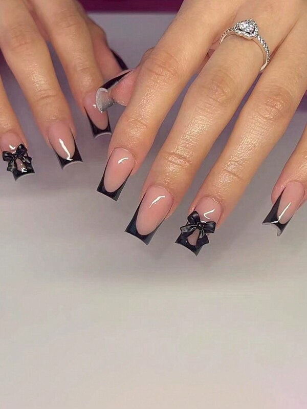 24 Pieces Of Medium-Length Square Black French Press-On NailsClassic And Simple Black BowDaily Office EssentialsFull-Coverage False NailsWith 1 Piece Of Jelly GlueRubbing Strips1pc