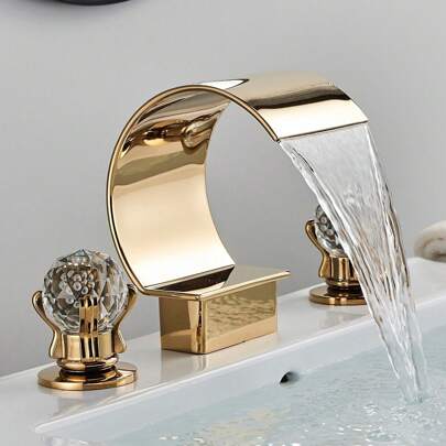 Bathroom Sink Faucet 3 Hole 2 Handle Crystal Knobs High Arc Waterfall Spout Vanity Basin Mixer Tap 8-Inch&Upwards Widespread Bathtub Filler Faucet