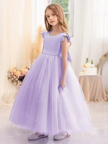 Tween Girl Purple Cap Sleeve Handmade Beaded Bow Christmas Party Elegant Dress, Princess Dress Suitable For Girls Birthday Party, Prom, Graduation, Wedding Bridesmaid, Holiday Celebration - Mauve Purple - View 9