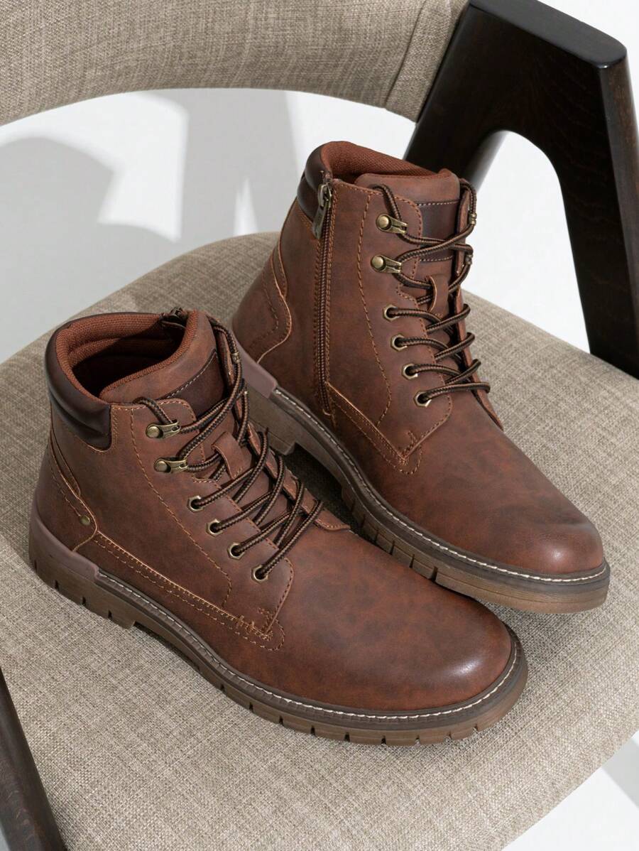 SHOESMALL Men's Fashion Pu Leather Boots Casual Boot Hiking Zipper Chukka Boots - AMY8118A-棕色 - 查看 1