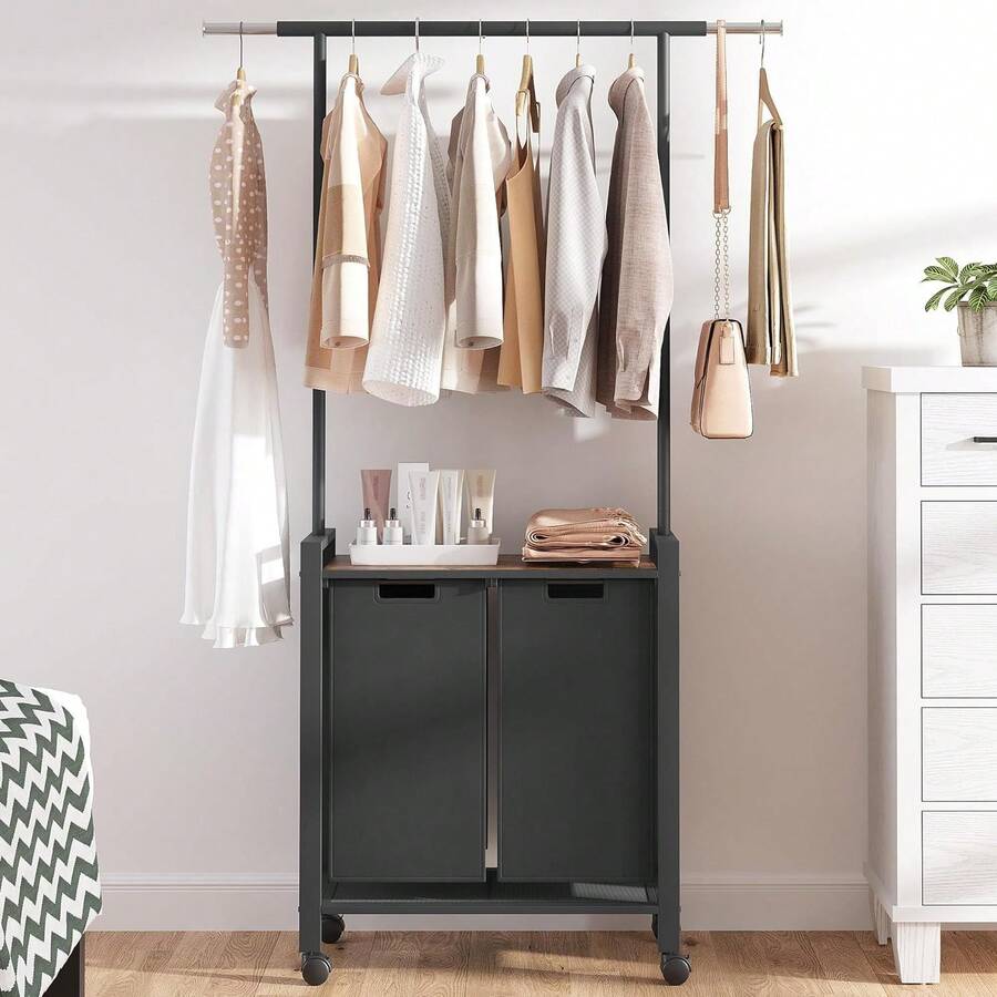 Laundry Sorter 2 Section Laundry Basket Organizer With Hanging Bar Laundry Hamper Organization With Storage Shelf With Heavy Duty Rolling Lockable Wheels, Black - Black - View 1