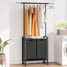 Laundry Sorter 2 Section Laundry Basket Organizer With Hanging Bar Laundry Hamper Organization With Storage Shelf With Heavy Duty Rolling Lockable Wheels, Black - Black - View 2