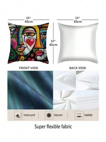 1入組幾何圖形女臉黃/藍/紅色聚酯枕套，復古抽象藝術靠墊套，45x45公分/18英寸裝飾靠墊，適用於客廳、臥室、沙發床裝飾 - 紅色 - 查看 2