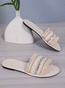 1 Pair Apricot Color Plus Size Teenager/Youth Colorful Fabric Patchwork Glitter Tassel Fashion Peep Toe Flat Slip-On Sandals, Comfortable Casual Roman Slippers For Family, Indoor/Outdoor, Summer - Apricot - View 3