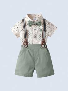 BOARNSEORL 2pcs Young Boys Gentleman Suit Set, Short Sleeve Collared Shirt With Bowknot And Khaki Shorts With Suspenders, Fashionable And Dashing, Suitable For Birthday Party, Wedding, Ring Bearer Outfit