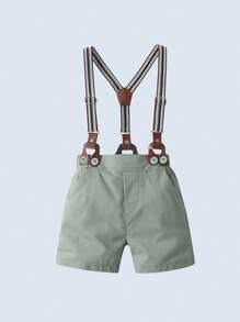 BOARNSEORL 2pcs Young Boys Gentleman Suit Set, Short Sleeve Collared Shirt With Bowknot And Khaki Shorts With Suspenders, Fashionable And Dashing, Suitable For Birthday Party, Wedding, Ring Bearer Outfit