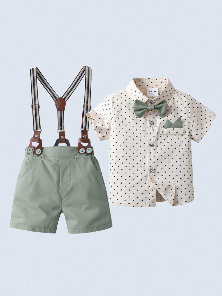 BOARNSEORL 2pcs Young Boys Gentleman Suit Set, Short Sleeve Collared Shirt With Bowknot And Khaki Shorts With Suspenders, Fashionable And Dashing, Suitable For Birthday Party, Wedding, Ring Bearer Outfit