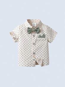 BOARNSEORL 2pcs Young Boys Gentleman Suit Set, Short Sleeve Collared Shirt With Bowknot And Khaki Shorts With Suspenders, Fashionable And Dashing, Suitable For Birthday Party, Wedding, Ring Bearer Outfit