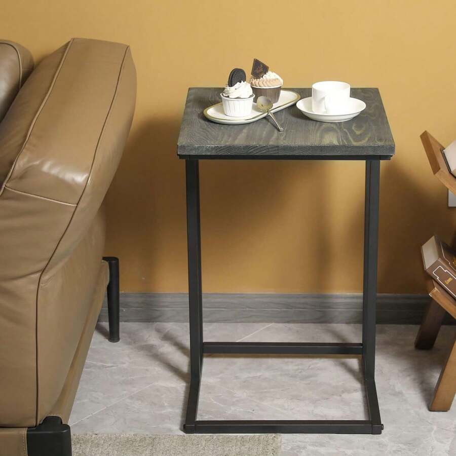 Gray Wood C Shaped Living Room End Table With Black Metal Frame, 25