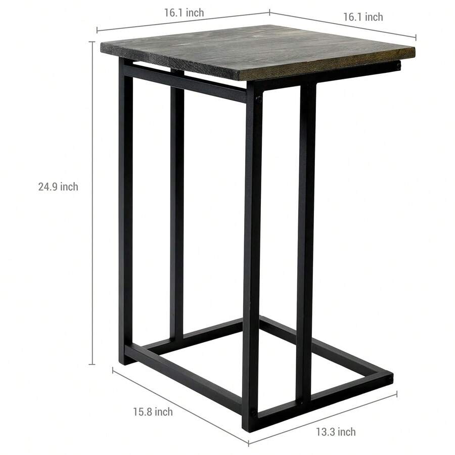 Gray Wood C Shaped Living Room End Table With Black Metal Frame, 25