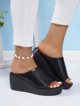 Women's Solid Color Peep-Toe Platform Slide Sandals, Fashion Summer Black Leather Upper Wedge Heel Thick Sole Slippers (Please Order One Size Up)