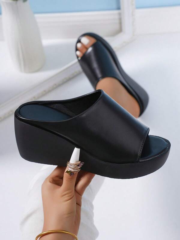 Women's Dual-Color Peep-Toe Platform Slippers, Fashion Summer White & Black Leather Upper Wedge Heel Thick Sole Sandals (Please Order One Size Up)