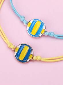 2 件/套女孩排球风格锌合金黄色和蓝色涤纶编织可调节手链套装，适合返校首饰 - 排球 - 查看 4