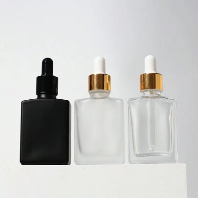 1pc 30ml Empty  Transparent Frost Black Square Flat Glass Bottles With Aluminum Dropper 1oz Glass Dropper Container For E Liquid  Dropper Aromatherapy Perfume Massage Pipette Bottles Refillable