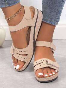 Women's Vintage Peep Toe Wedge Sandals 2024 New Arrival, Plus Size, Versatile Roman Style Flat Sandals, Fashionable Hook-And-Loop Women's Sandals, Car Line Hollow Out Comfortable 43 Yards Female Shoes - Beige - View 6