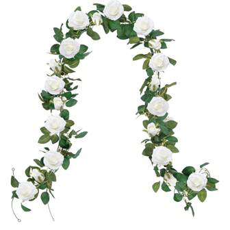 1 قطعة بطول 200 سم/6.5 قدم أغصان وردة بيضاء اصطناعية بشكل إكليل زهري، أغصان صناعية من الحرير للزينة الداخلية والخارجية والمنزل وأعراس القوس والحائط والحديقة وأيام الحب والهدايا