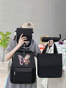 4pcs/Set Butterfly Print Women'S Casual Travel Backpack, Large Capacity Backpack, Girls School Bag, Student School Bag, Preppy Style, Large Backpack, Backpack, Outdoor School Bag, Unisex Backpack, Laptop Storage Bag, Suitable For Hiking, Traveling, Camping, Student Back To School Supplies,Boho Vibes