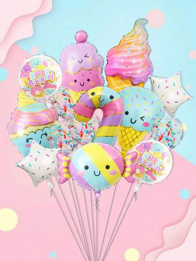 14pcs Ice Cream & Candy Themed Balloon Set, Suitable For Wedding, Birthday, Summer Parties Decoration