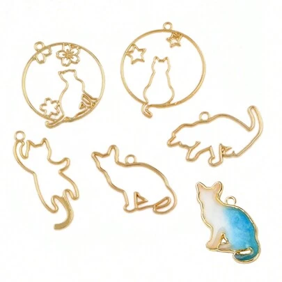5pcs Hollow Alloy Cat Charms For Jewelry Making Open Bezels For UV Resin Pendant DIY Necklace Earring Phone Charms Key Chain Accessories Handcaft Supplies