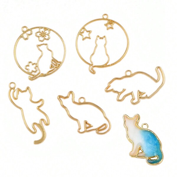 5pcs Hollow Alloy Cat Charms For Jewelry Making Open Bezels For UV Resin Pendant DIY Necklace Earring Phone Charms Key Chain Accessories Handcaft Supplies