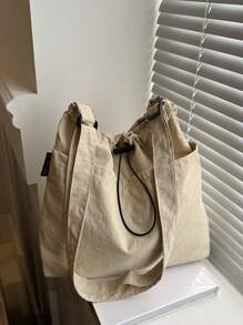 Geantă din material lejeră, de mare capacitate, elegantă, cu închidere cu șnur, curea lată și design de toc pentru școală, navetă și cumpărături