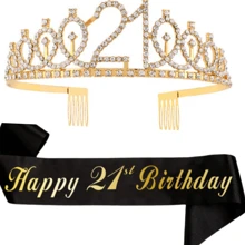 2 件套女士生日腰带和头饰，包括生日皇冠，16 岁、18 岁、21 岁、30 岁、40 岁、50 岁、60 岁、70 岁、80 岁生日腰带丝带精美蜡烛和蛋糕装饰，生日女士礼物，生日快乐派对礼品，金色、圣诞节 - 金色 - 查看 17