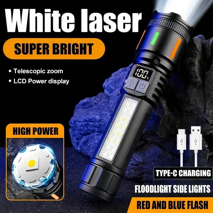 Super Bright White Laser Flashlight, Stretchable And Focusable For Long Distance, TYPE-C Rechargeable Portable Flashlight, Suitable For Outdoor Lighting And Hiking - Black - View 1