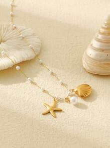 ZIRUISP 1 pieza Collar con colgante de acero inoxidable con estrella de mar y concha de perla falsa, estilo de vacaciones en la playa para mujeres