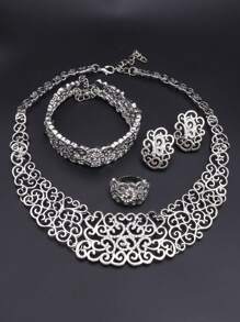 1 Set Vintage Gold Crystal Hollow Design Necklace, Earrings, Bracelet, Ring Jewelry Set, Suitable For Women Wedding Bride, Banquet, Party, Daily Wear, Gift