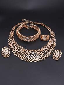 1 Set Vintage Gold Crystal Hollow Design Necklace, Earrings, Bracelet, Ring Jewelry Set, Suitable For Women Wedding Bride, Banquet, Party, Daily Wear, Gift