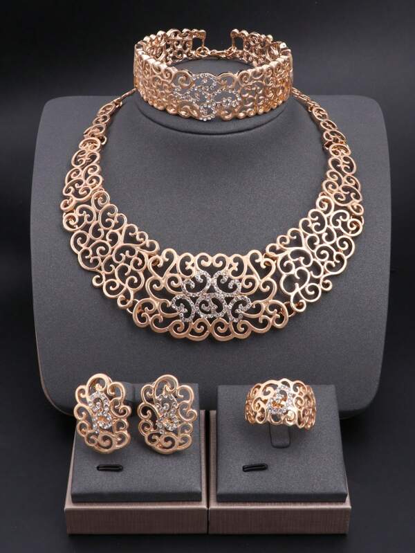 1 Set Vintage Gold Crystal Hollow Design Necklace, Earrings, Bracelet, Ring Jewelry Set, Suitable For Women Wedding Bride, Banquet, Party, Daily Wear, Gift