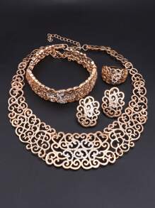 1 Set Vintage Gold Crystal Hollow Design Necklace, Earrings, Bracelet, Ring Jewelry Set, Suitable For Women Wedding Bride, Banquet, Party, Daily Wear, Gift