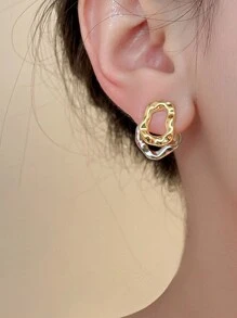 2pcs Fashionable Asymmetrical Double-Layered Hoop Earrings With Simple Gold & Silver Geometric Lines