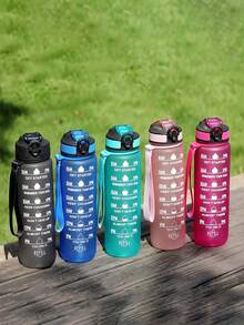 1入1000ml漸變色運動戶外露營徒步水瓶，男女適用的大容量便攜式水瓶，帶刻度標記