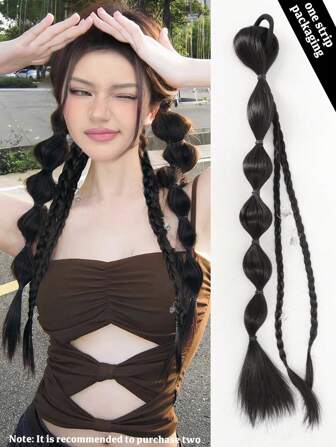 Synthetic Long Straight Hair Natural Bubble Braid Plait Ponytail Wig With Rubber Band Natural Fashion