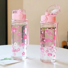 1pc 500ml pink flower pattern water bottle, simple and transparent plastic water cup - Pink - View 5