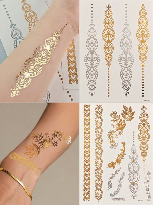 2 bucăți autocolant tatuaj temporar cu henna, negru, auriu, metalic, cu pene, flori, stea, impermeabile, netoxice, de lungă durată, pentru femei, perfecte pentru plajă, festivaluri și petreceri