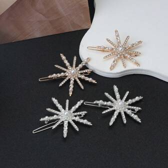2 piezas Clips de pelo con decoración de estrella de perlas y rhinestones de moda, con decoración delicada y linda de copos de nieve, Clips de pelo, Accesorios de pelo con perlas, Artículos escolares