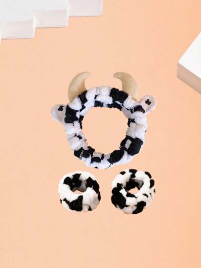 1pc Cow Pattern Bath Headband & 2pcs Bath Wrist Band, Polyester Cow Decor Facial Makeup Headband & Wrist Wash Band For Bathroom Home Bathroom Decor Fall Decor Back To School Hair 