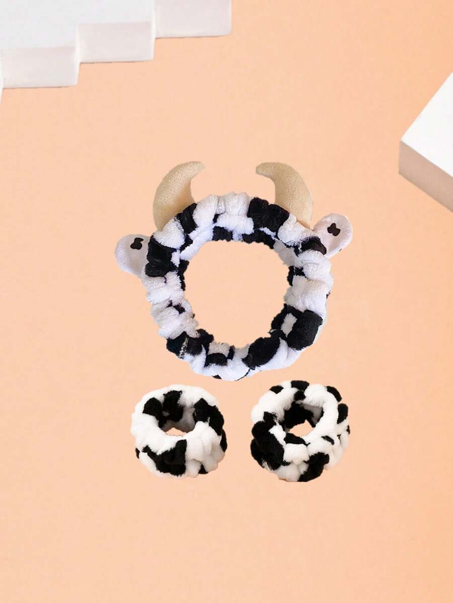 1pc Cow Pattern Bath Headband & 2pcs Bath Wrist Band, Polyester Cow Decor Facial Makeup Headband & Wrist Wash Band For Bathroom Home Bathroom Decor Fall Decor Back To School Hair - Black and White - View 1