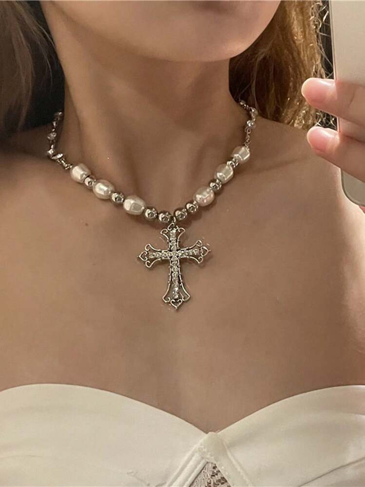 日本未入荷 Copping Zone - Cross Pearl Necklace 1pc Hip-Hop Retro Pearl Necklace, Punk Minimalist Cross