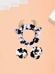 1pc Cow Pattern Bath Headband & 2pcs Bath Wrist Band, Polyester Cow Decor Facial Makeup Headband & Wrist Wash Band For Bathroom Home Bathroom Decor Fall Decor Back To School Hair  - Black and White - View 12